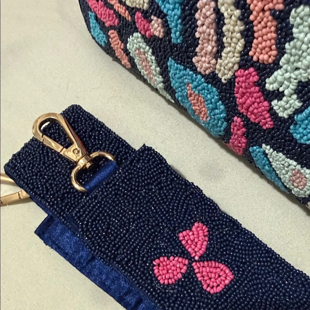Beaded Navy Multi-Color Cutout Handle Shoulder Bag - Picture 2 of 6